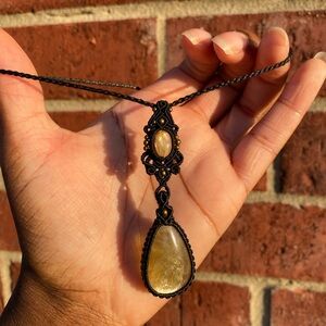 Golden Micah/Lepidolite and Golden Rutile in Quartz Macrame Necklace